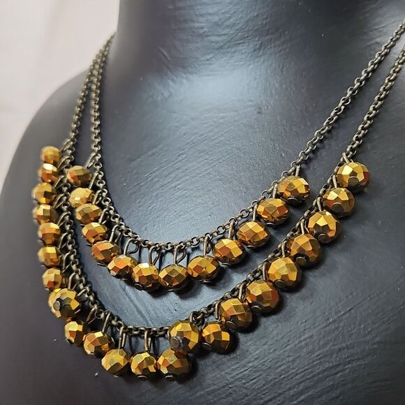 Double Strand Gold Glass Bead Necklace - Picture 4 of 6